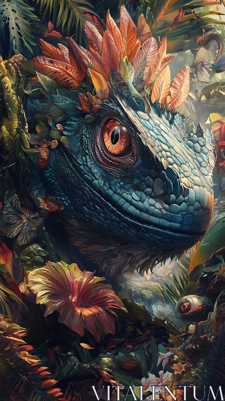 Reptilian creature with floral elements integrated into foliage