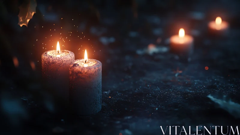 Two burning candles on dark ground with soft bokeh glow.