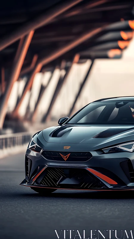 Sleek graphite supercar idles under a modern urban overpass