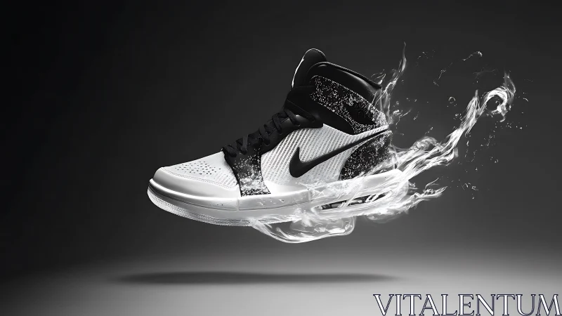 Dynamic monochrome sneaker suspended in fluid motion.