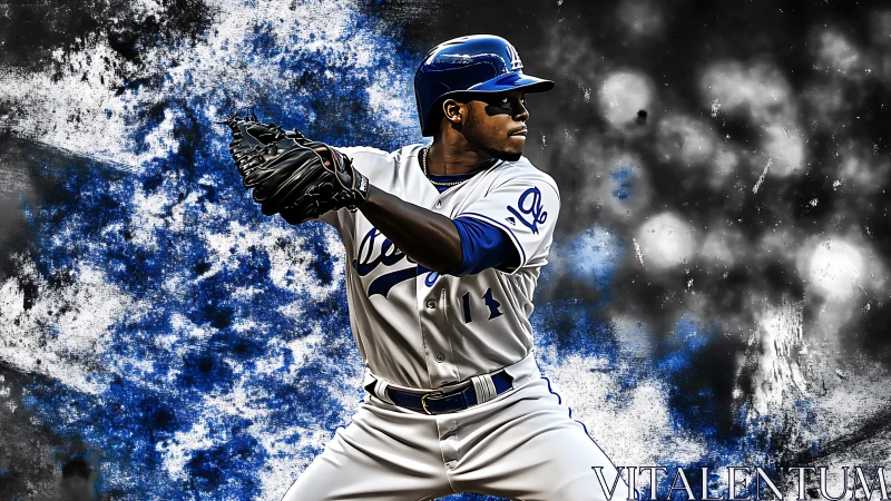 Dynamic baseball batter poised on bold grunge backdrop.