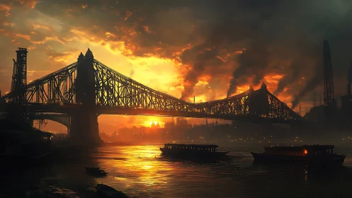 Industrial river bridge silhouetted by blazing sunset glow.
