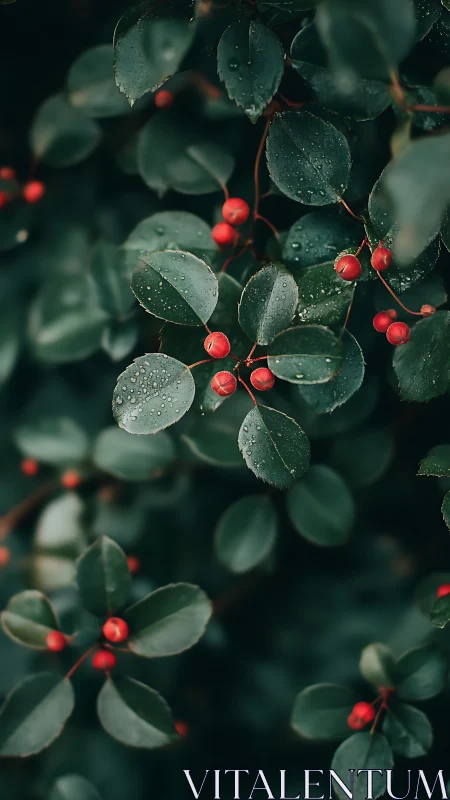 Raindrops crown deep green leaves while scarlet berries glow softly