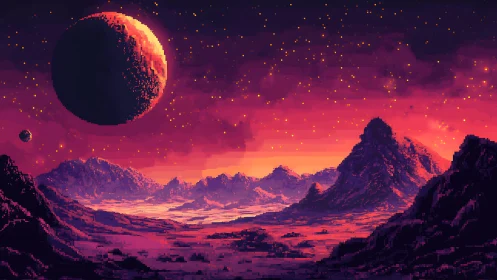 Pixel nebula skyline over alien mountain basin at dusk.