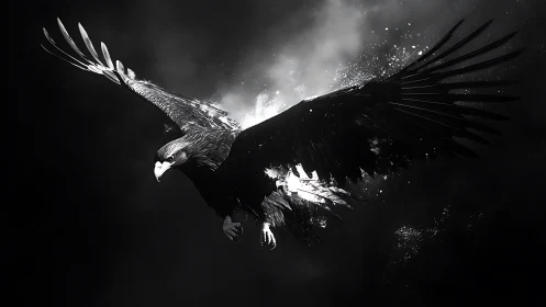 Monochrome raptor in explosive particulate-driven flight arc.