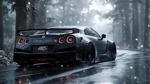 Sleek sports car cruising a rainy forest road at dusk.