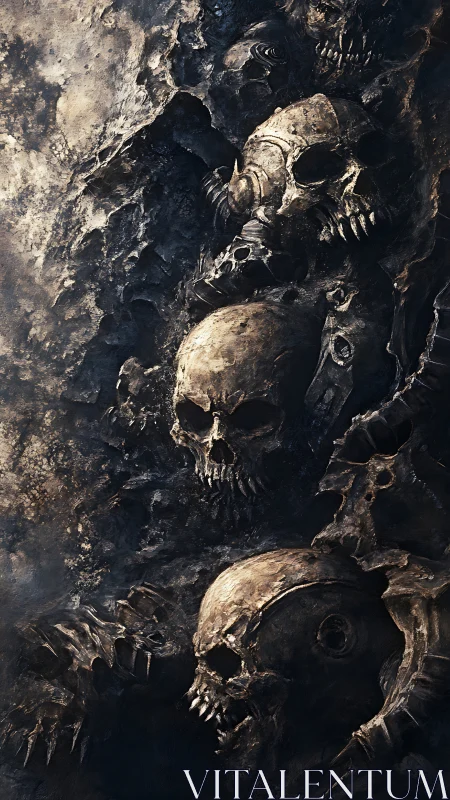 Haunting wall of skulls wrapped in dark, crumbling stone.