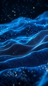 Glowing data waves forming luminous blue particle terrain.