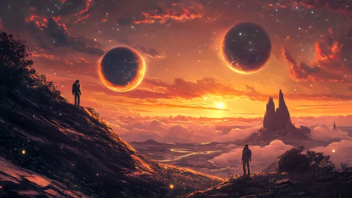 Twin planets hover above explorers in a blazing alien sky.