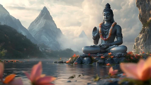 Mountain lake deity statue amid lotus blooms at sunrise.