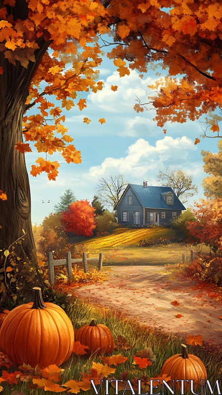 Blue farmhouse on autumn hill with pumpkins in foreground.