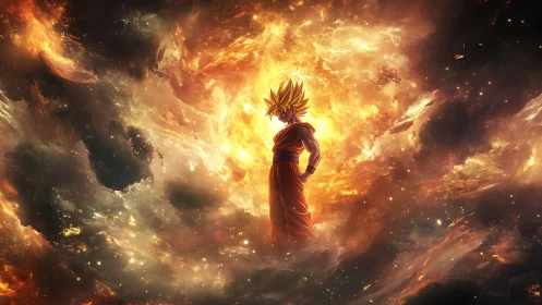 Solar storm warrior ignites amid roaring cosmic inferno.