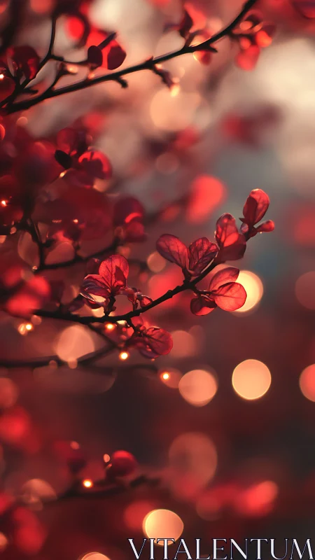 Red foliage is shown in shallow focus against circular bokeh