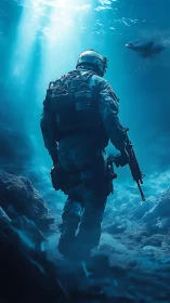 Lone tactical diver ascending through cyan seafloor light beams.