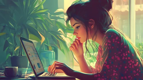 Digital painting of focused woman working on laptop in plants