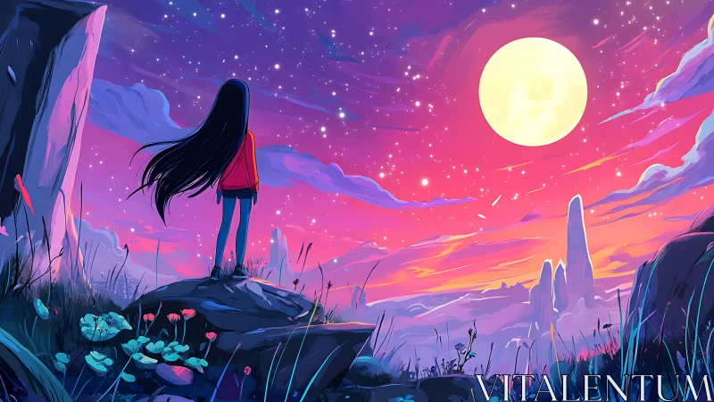 Young figure gazes at luminous moon over neon twilight valley.