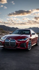 Red sports coupe under dramatic sunset sky in desert landscape.