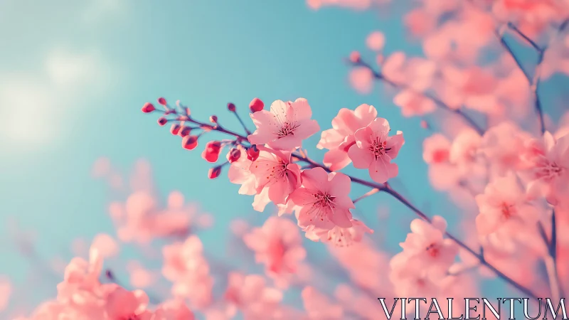 Pink Cherry Blossoms Against Turquoise Sky with Selective Focus.