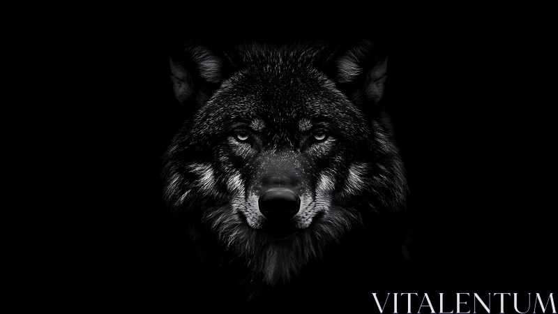 Black wolf portrait in stark front view on dark background.