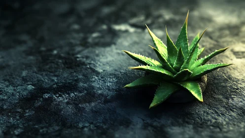 Green aloe plant on dark textured stone surface.
