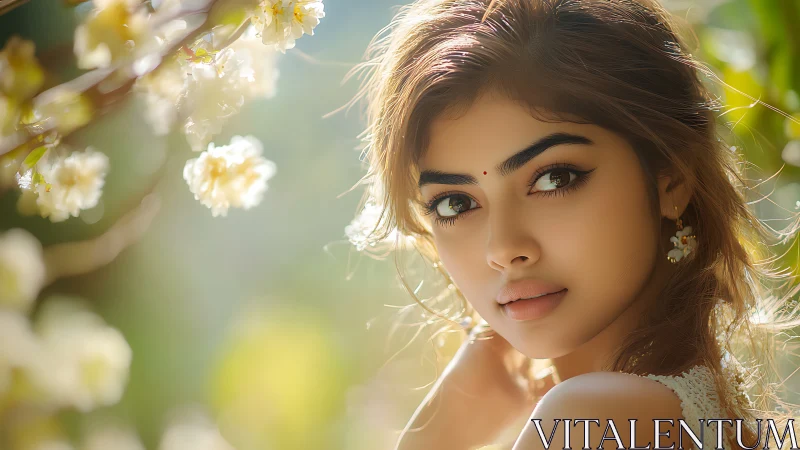 Portrait of a young woman outdoors among soft blossoms.