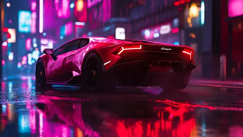 Neon-illuminated supercar in rain-soaked urban streetscape.
