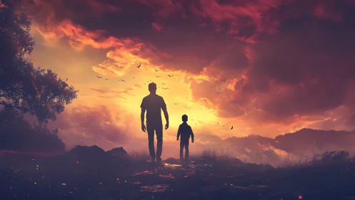 Crimson sky pilgrimage of father and child toward glowing horizon.
