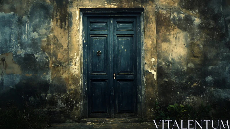 Weathered blue wooden door set in stained concrete wall