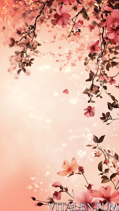 Pink Floral Branches with Cascading Petals and Bokeh Light