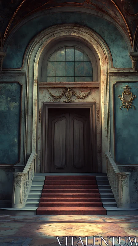 Ornate interior doorway with red carpeted stairway approach.