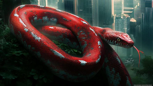Crimson serpent coils above misty futuristic cityscape.