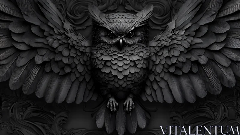 Midnight stone owl spreads powerful wings in intricate detail