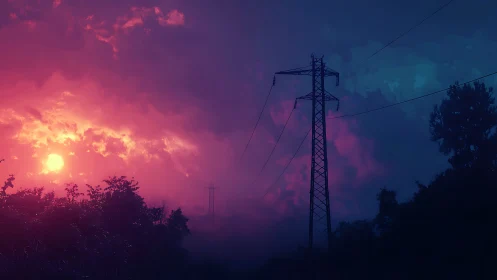Neon dusk storm crowns a lone transmission tower silhouette.