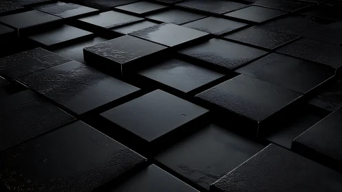 Dark reflective cubes form staggered geometric abstraction.