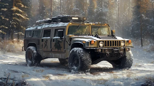 Military SUV parked in snowy forest with winter gear.