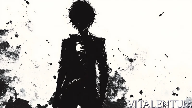 Silhouetted lone figure stands amid stark ink splatter field