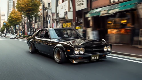 Midnight-black classic coupe cruising a lively city street.