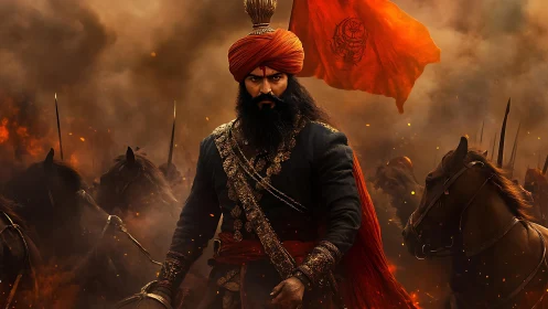 Gallant warrior strides forward beneath a blazing banner.