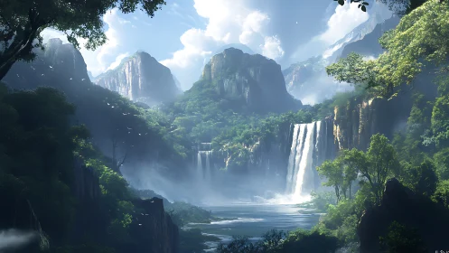 Sunlit valley reveals cascading waterfalls in misty mountains
