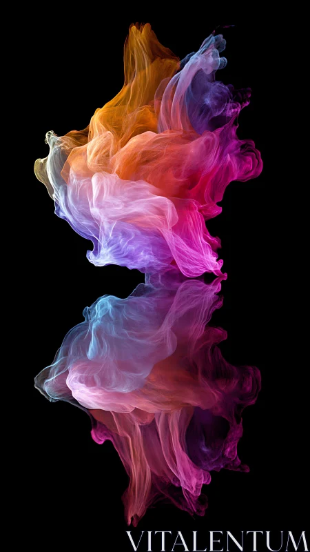 Digital painting of mirrored chromatic smoke plumes on black.