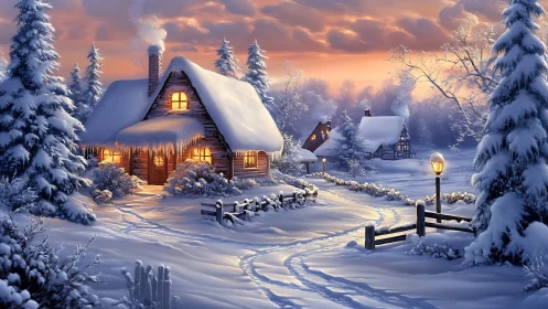 Snowy cottage glow beneath a peach and lavender winter sky.