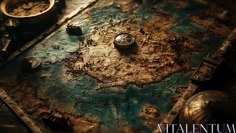 Antique nautical chart with compass on textured coastline.