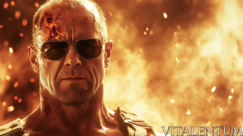 Tough action hero with burned face in fiery explosion