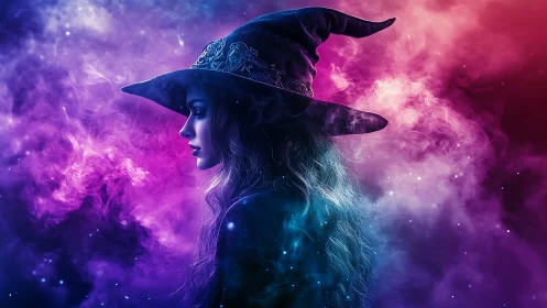 Mystic sorceress profile in neon cosmic vapor clouds.