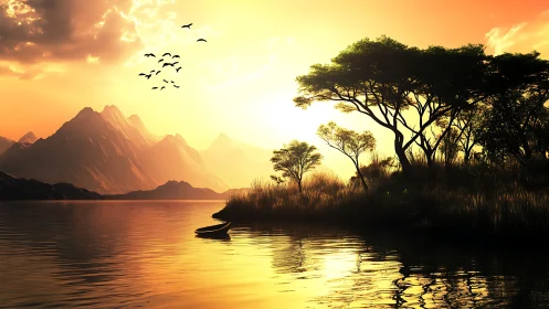 Sunlit lakeside trees and mountains form layered landscape