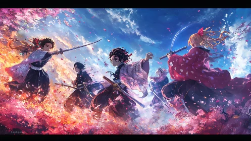 Sword-wielding anime fighters face off amid petals and sky
