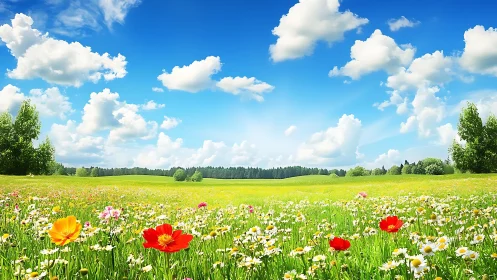 Wildflower meadow extends under bright blue summer sky