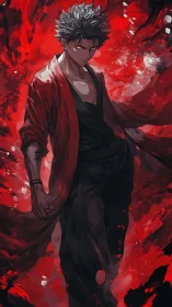 Crimson stormwalker: mysterious anime hero in red flame.