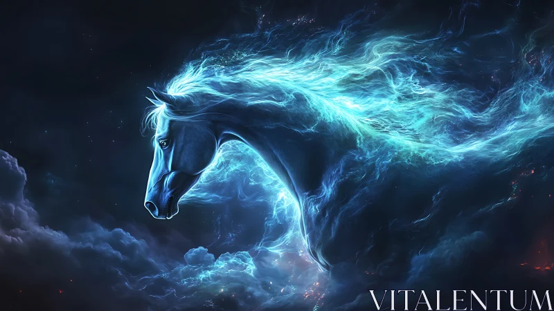 Starlit storm stallion gallops from nebula-wreathed night sky
