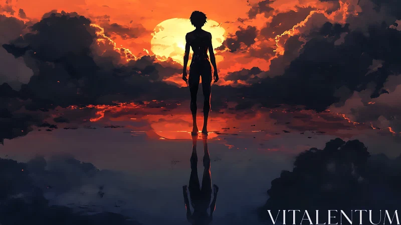 Silhouetted figure before sunset over reflective water surface.